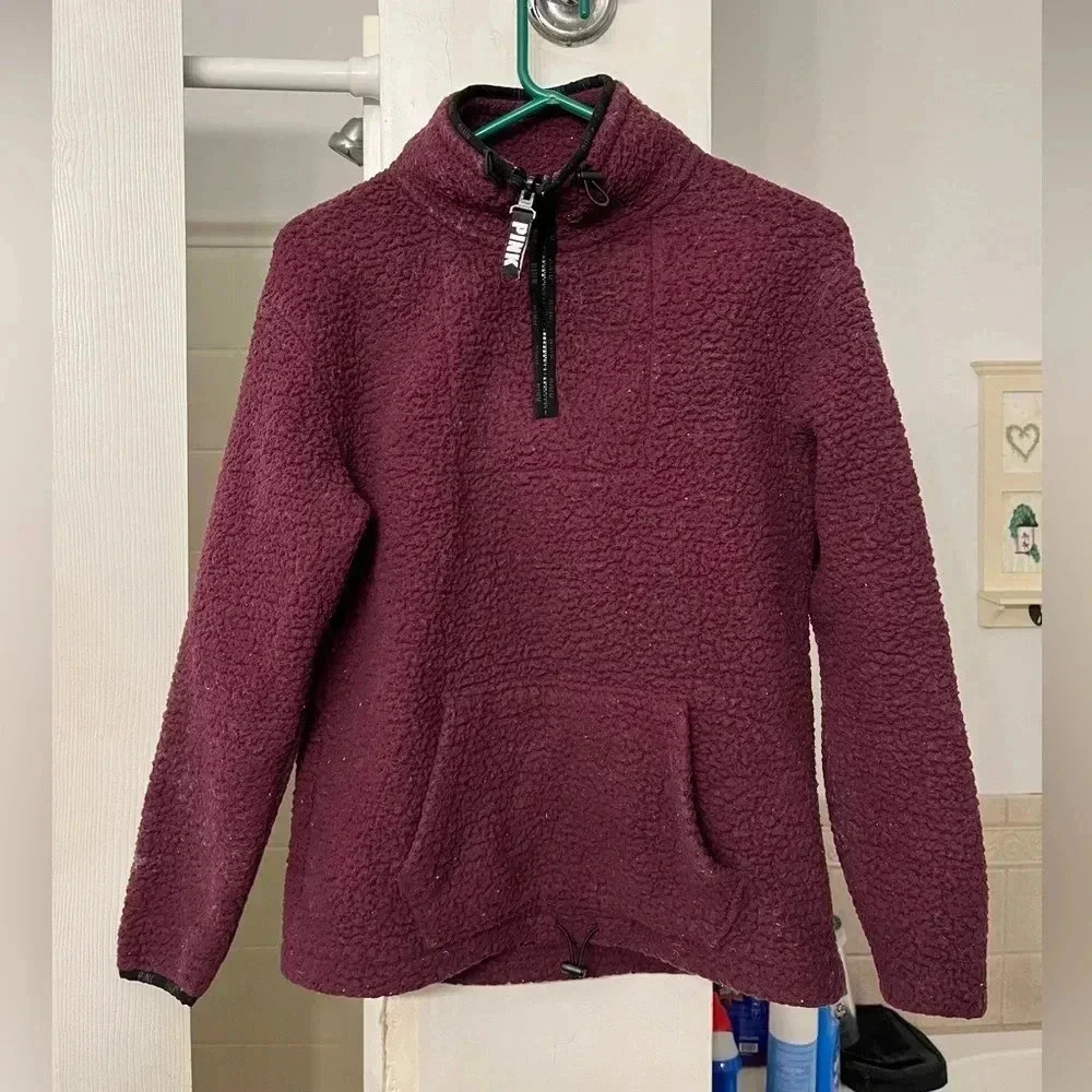 Victoria Secret PINK‎ burgundy purple sherpa quarter zip pullover sweater